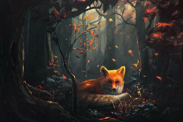 The fox curled up in a ball between the trees