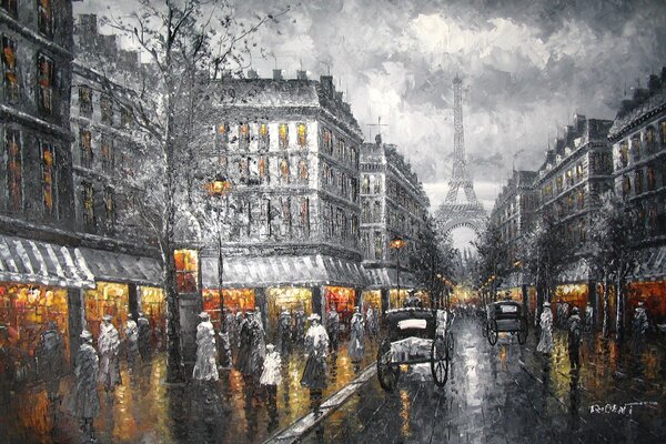 Улицы вечернего города Париж. Эйфелевая башня