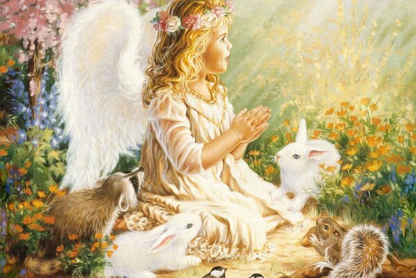 Bebé ángel sentado con ardillas, liebres, pájaros