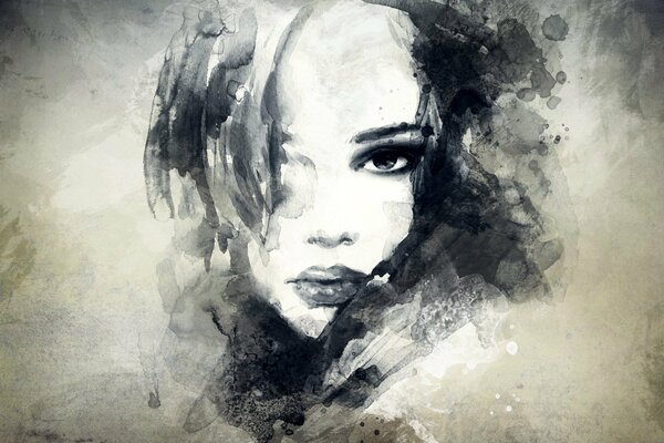 Portrait noir et blanc de la jeune fille coups de pinceau