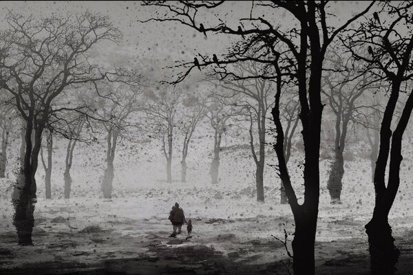 Un adulto y un niño en un bosque pintado en blanco y negro