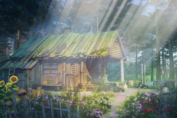 A picture with a fairy-tale house, sunflowers and a forest