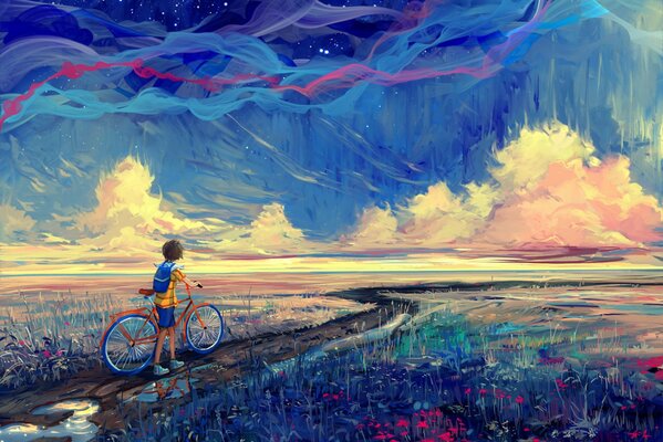 Photo d un garçon avec un vélo sur une route de campagne
