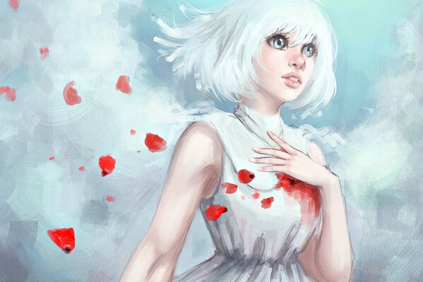 A girl in a white dress with scarlet petals