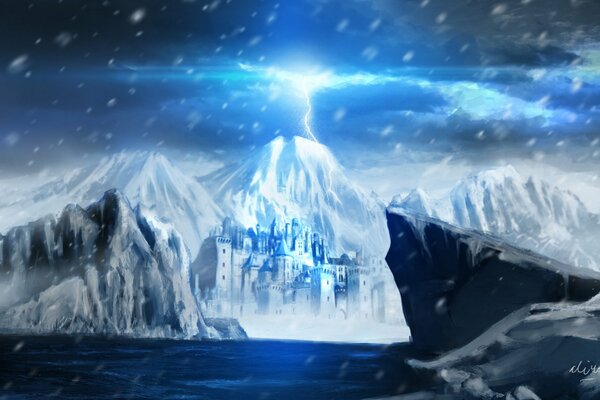 The castle stands in the rocks on the water against the backdrop of mountains. In the mountains of bandage lightning