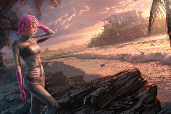 A girl by the sea on the background of sunset