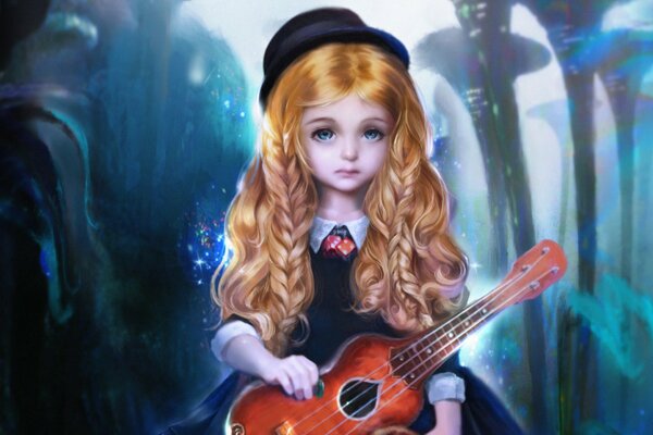 A girl in the style of fantasy with a guitar