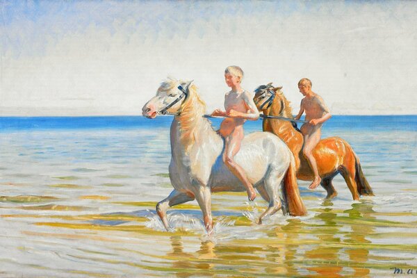 Painting bathing horses in the sea