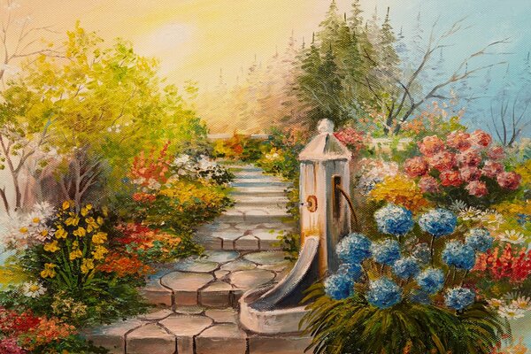 Steps in a blooming garden