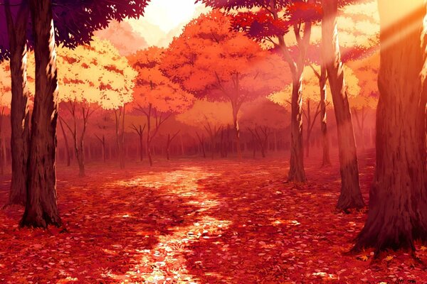 Autumn forest in the rays of the sun