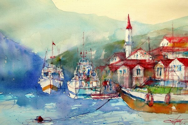 Ships near the shore of the lake watercolor drawing