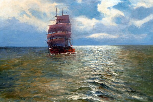 Painting of a sailboat in the sea by Alfred Jansen