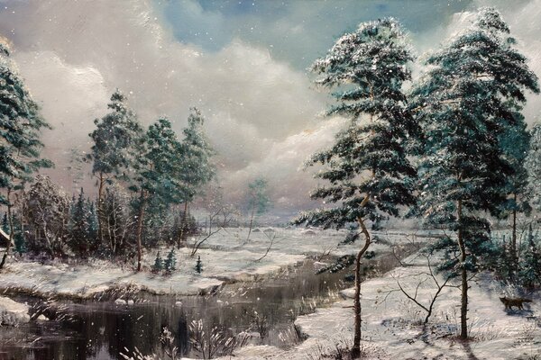 A picture of a winter landscape with tall trees