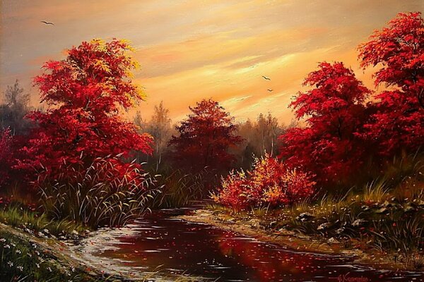 Painting. Autumn forest by the river