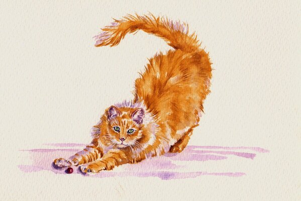 A red-haired cat stretches its paws in front of