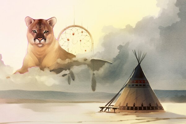 Arte cougar si trova tra le nuvole teepee sta a terra