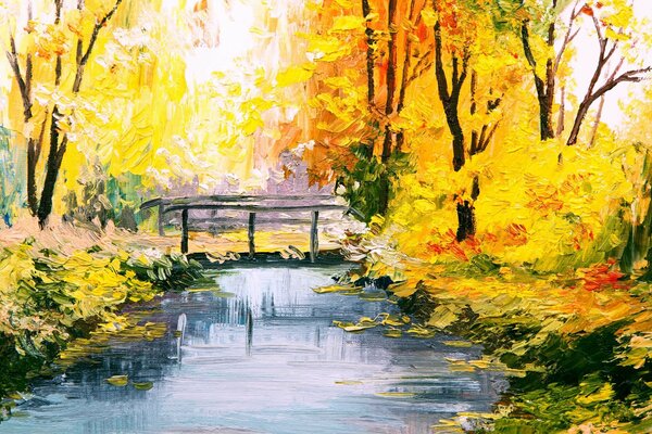 Kunst des ruhigen Flusses inmitten des Herbstwaldes