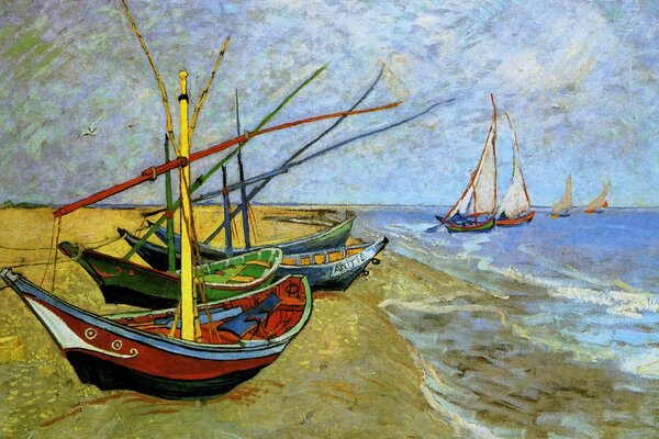 Painting by Vincent Van Gogh. Boat landscape on the seashore