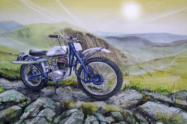 Beautiful drawing of a motorcycle in the mountains