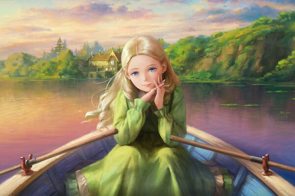 Art fille en robe verte sur le bateau