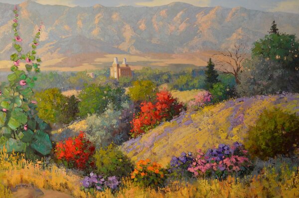 Landscape of flowers and hills