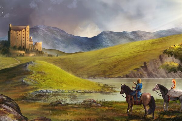 A young man and a girl are returning from a horseback ride to a castle located on the hills