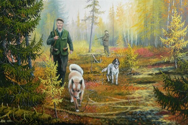 Two hunters with two dogs in the autumn taiga