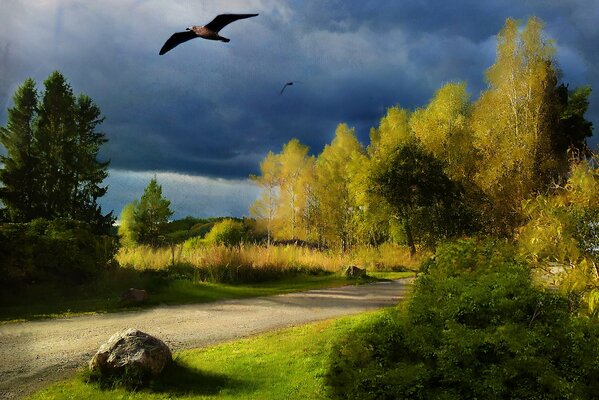 Landschaft mit Vogel und Bäumen