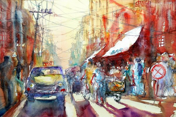 Drawing of a bustling city in watercolor