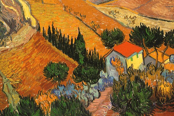 Obraz Vincenta van Gogha w formie przytulnego pejzażu przedstawiającego pole, drzewa i płonący dom