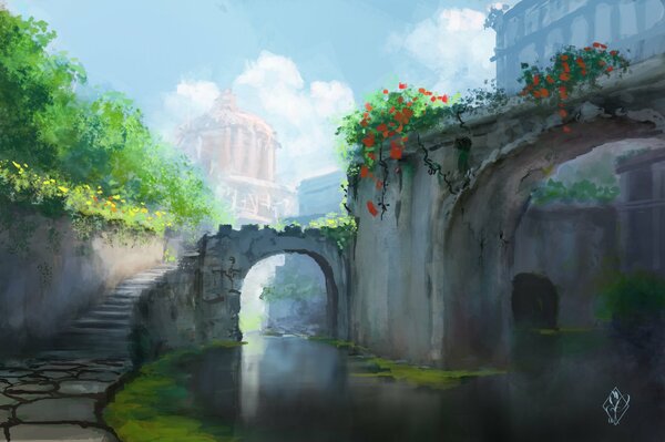 A drawn city. Arch and flowers