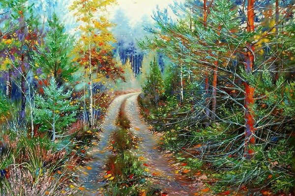 Ein Bild von Khodyukov, das eine Waldstraße zeigt, ist mit Öl gemalt