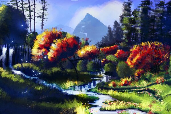 Autumn landscape with river and mountains