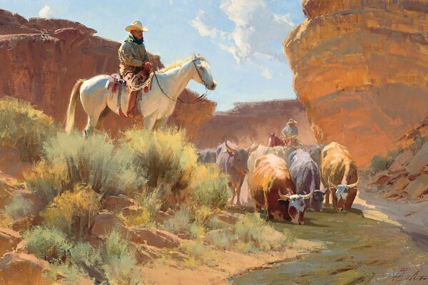 A picture of a cowboy on a horse herding cows