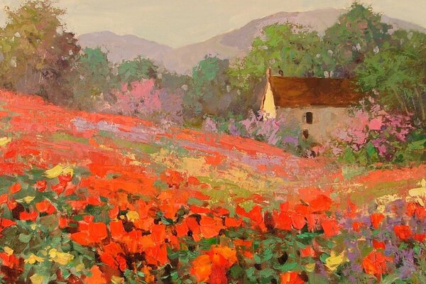 Beautiful landscape with poppies and other flowers