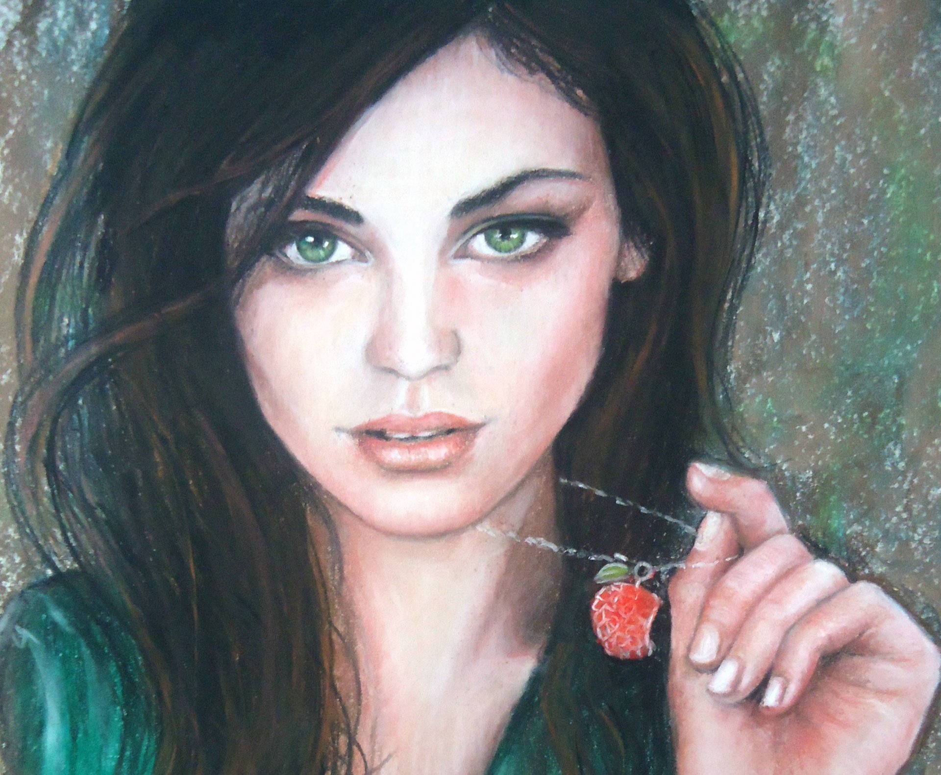 pintura chica mirada morena cara ojos verdes colgante