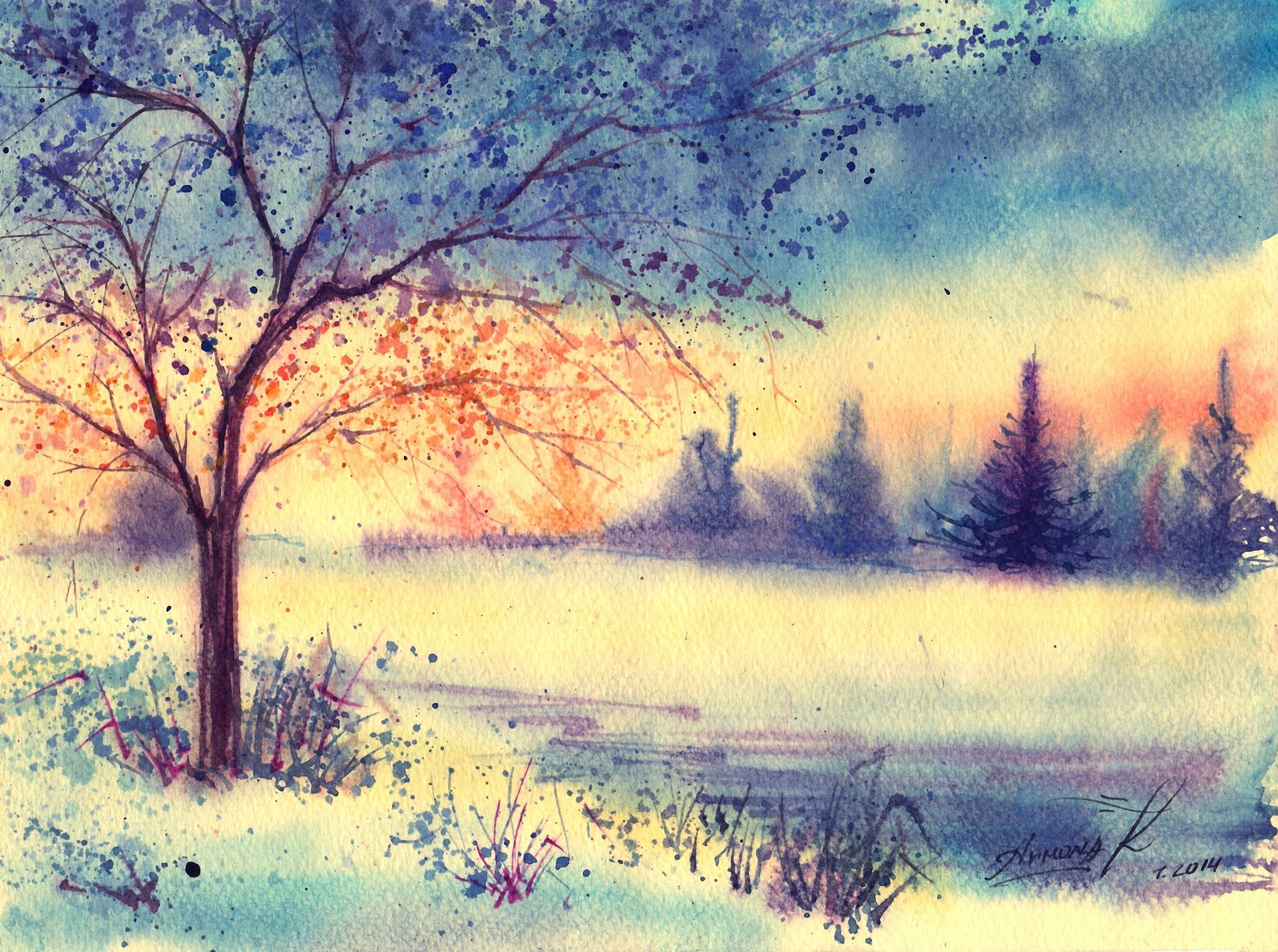 paysage dessiné aquarelle matin hiver arbre herbe