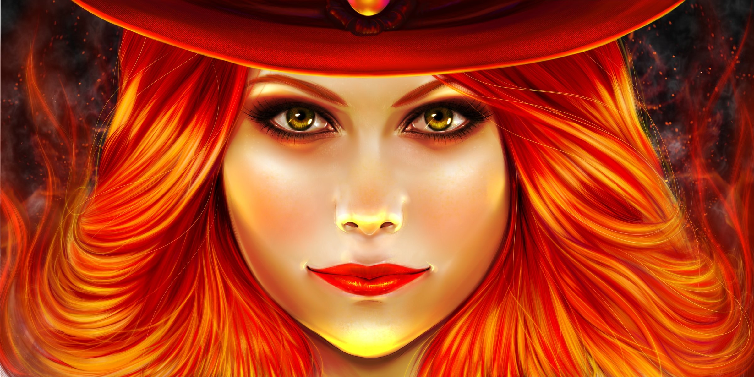 fiction art fille visage regard phoenix cheveux rouges feu