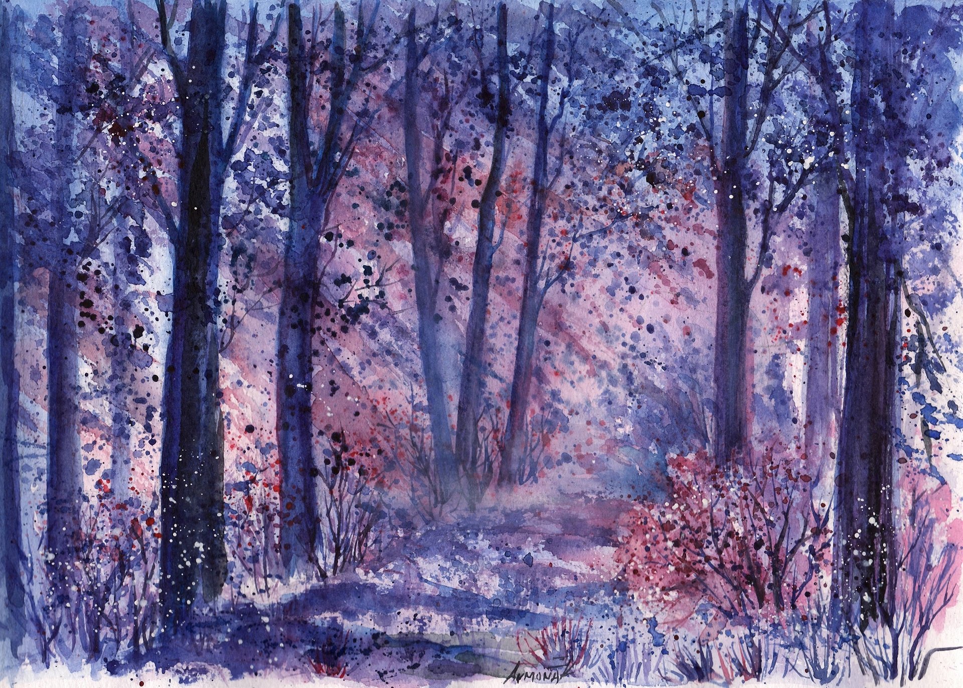 gezeichnete landschaft aquarell wald bäume sträucher gras