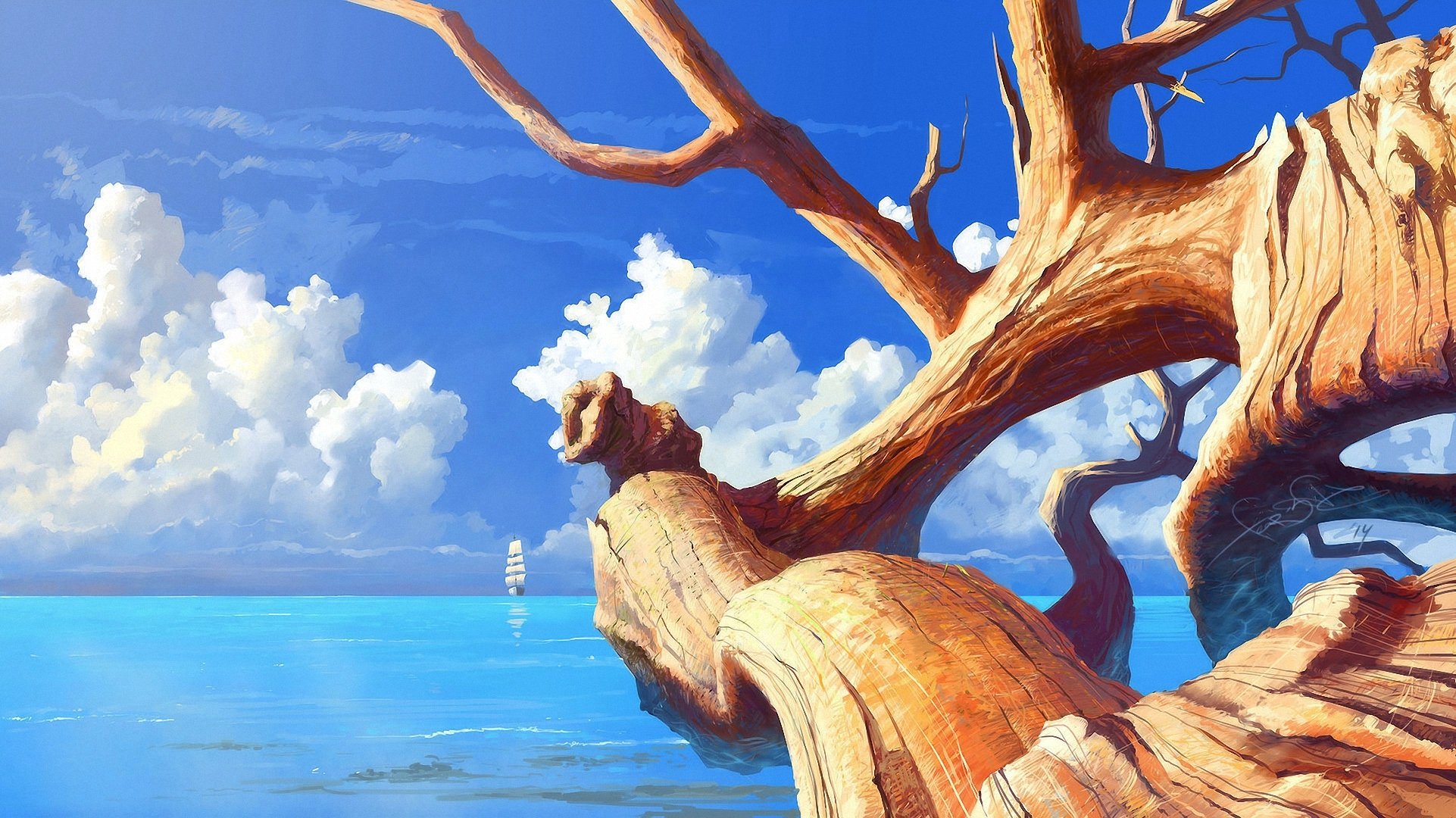 sztuka morze żaglówka statek słonecznie drzewo suchy pień gałęzie