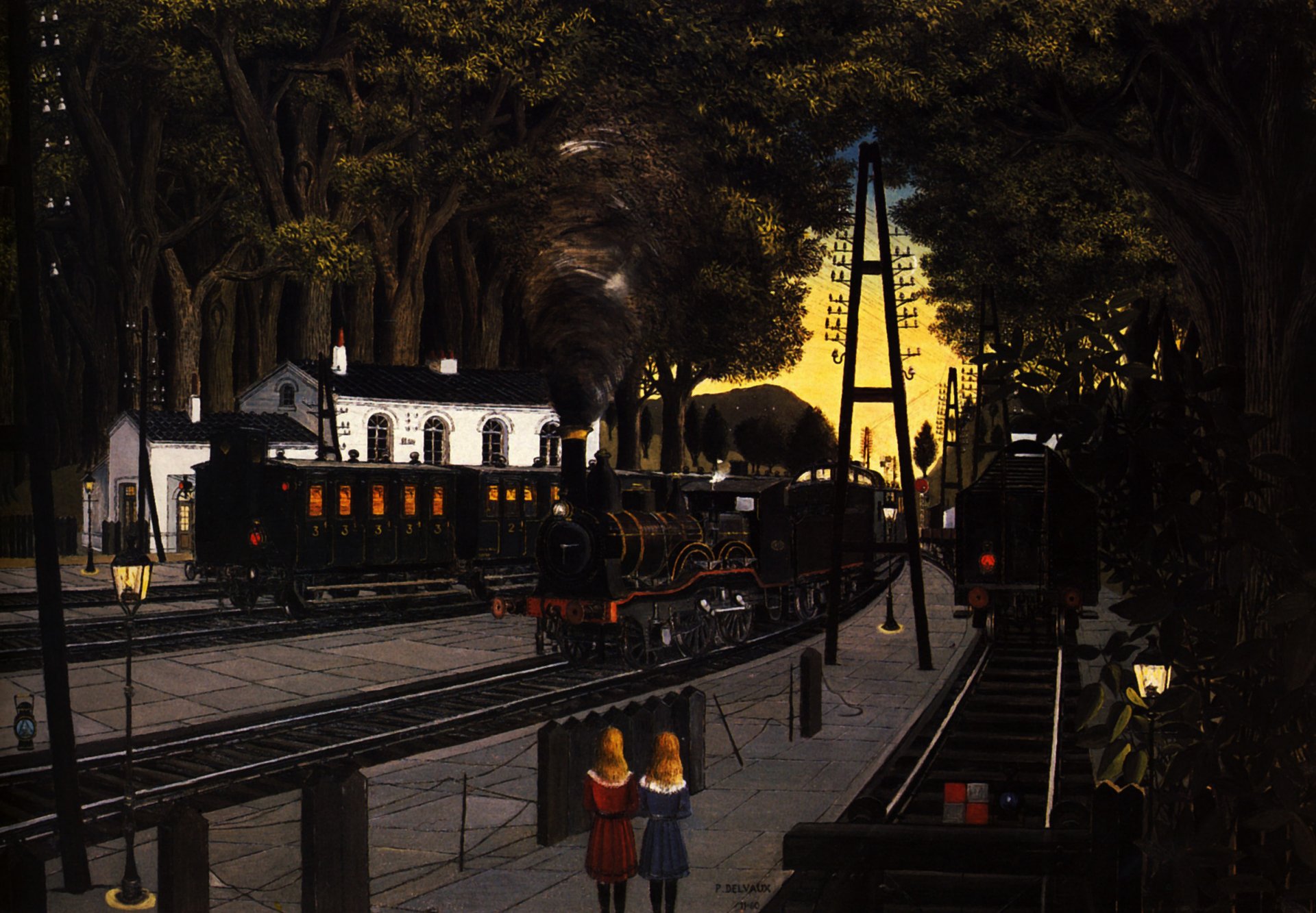 peinture art paul delvaux dessin gare locomotives à vapeur fumée rails arbres gare personnes lanternes