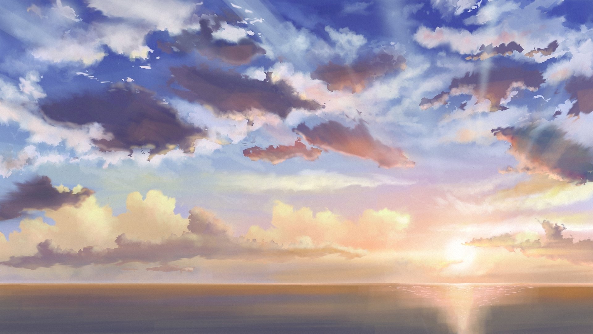 art pecoanimenote sky clouds sea horizon