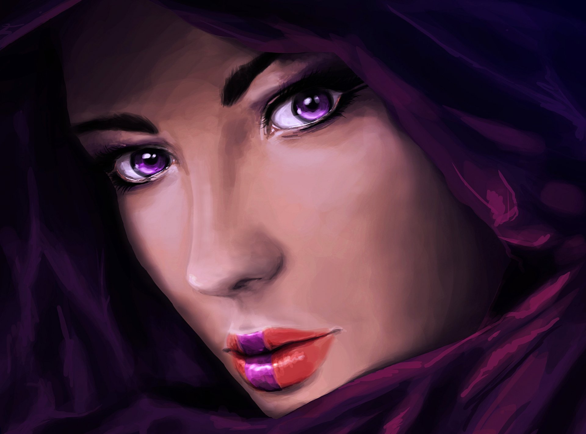pintura arte chica mirada ojos cara primer plano labios capucha