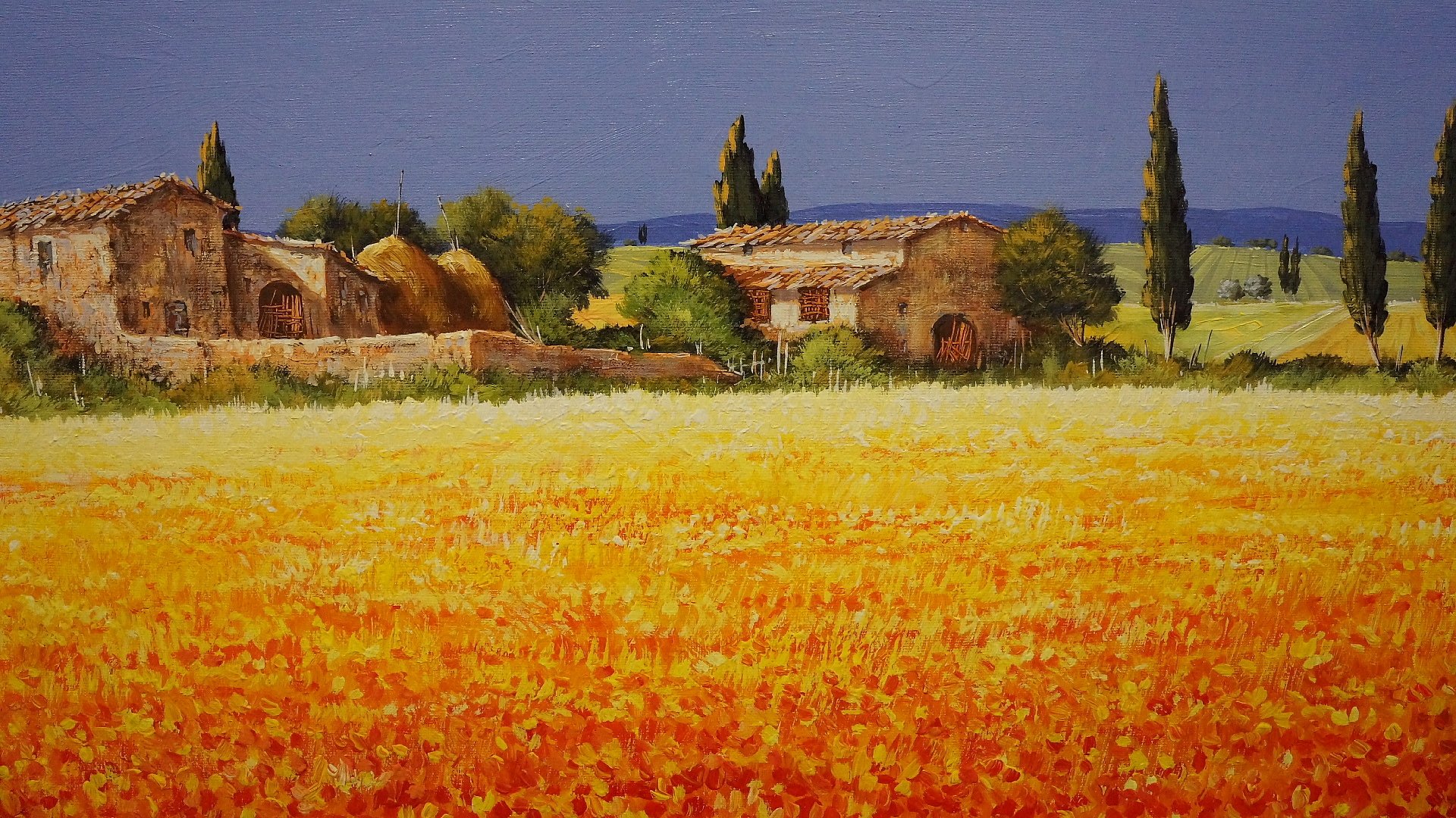 pintura paisaje italia toscana casa cielo árboles campo flores