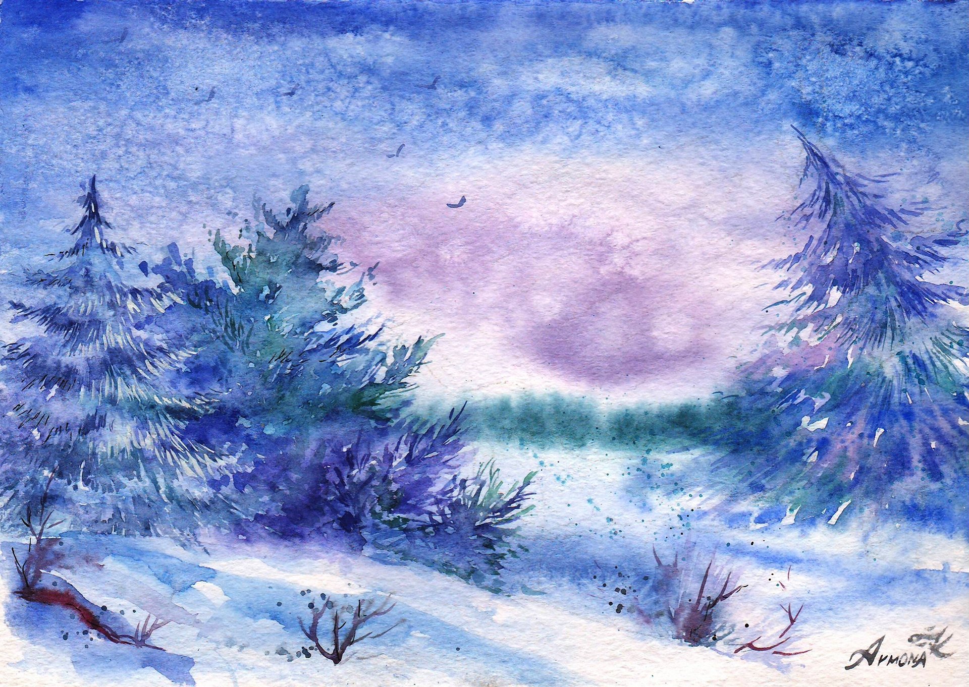 paisaje pintado acuarela invierno pájaros nieve