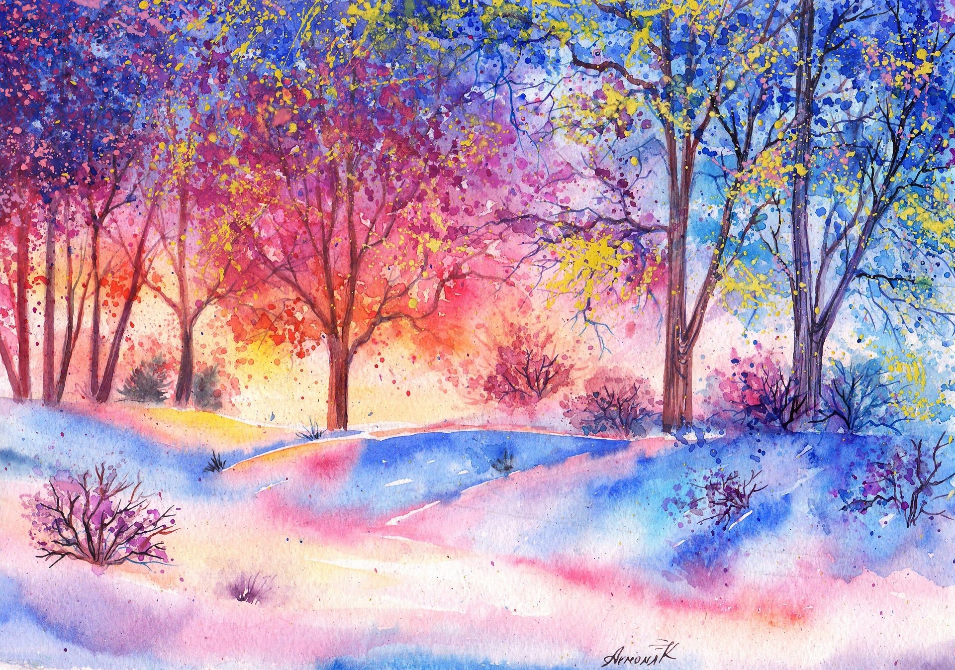 painted landscape watercolor forest tree