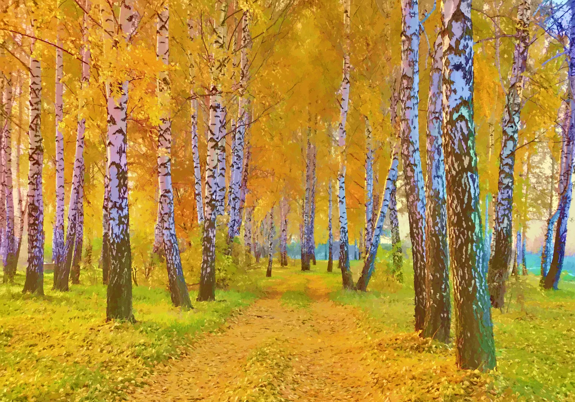 pintura paisaje otoño camino árboles abedul hojas hierba