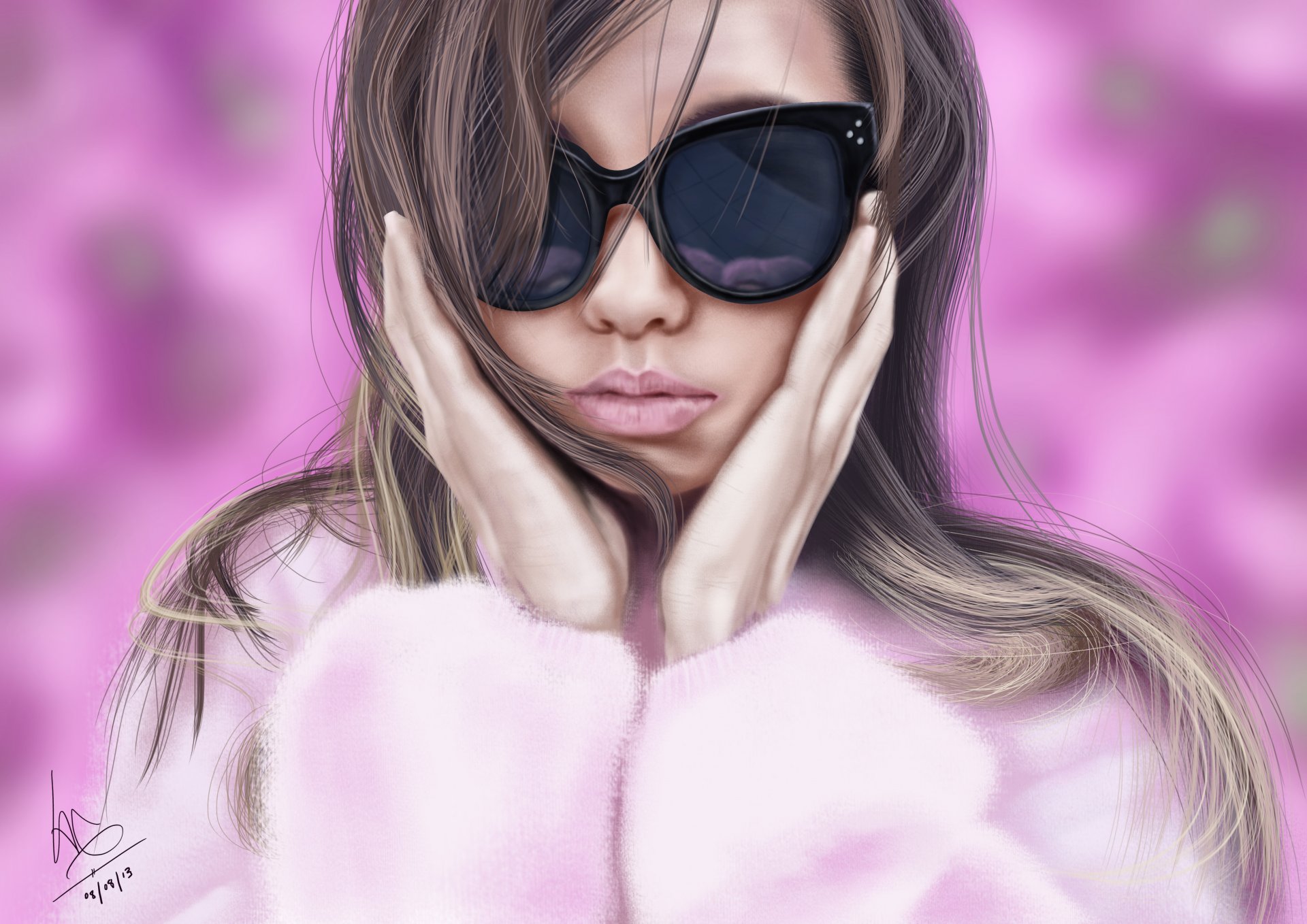 arte glitchgee chica gafas abrigo de piel fondo rosa