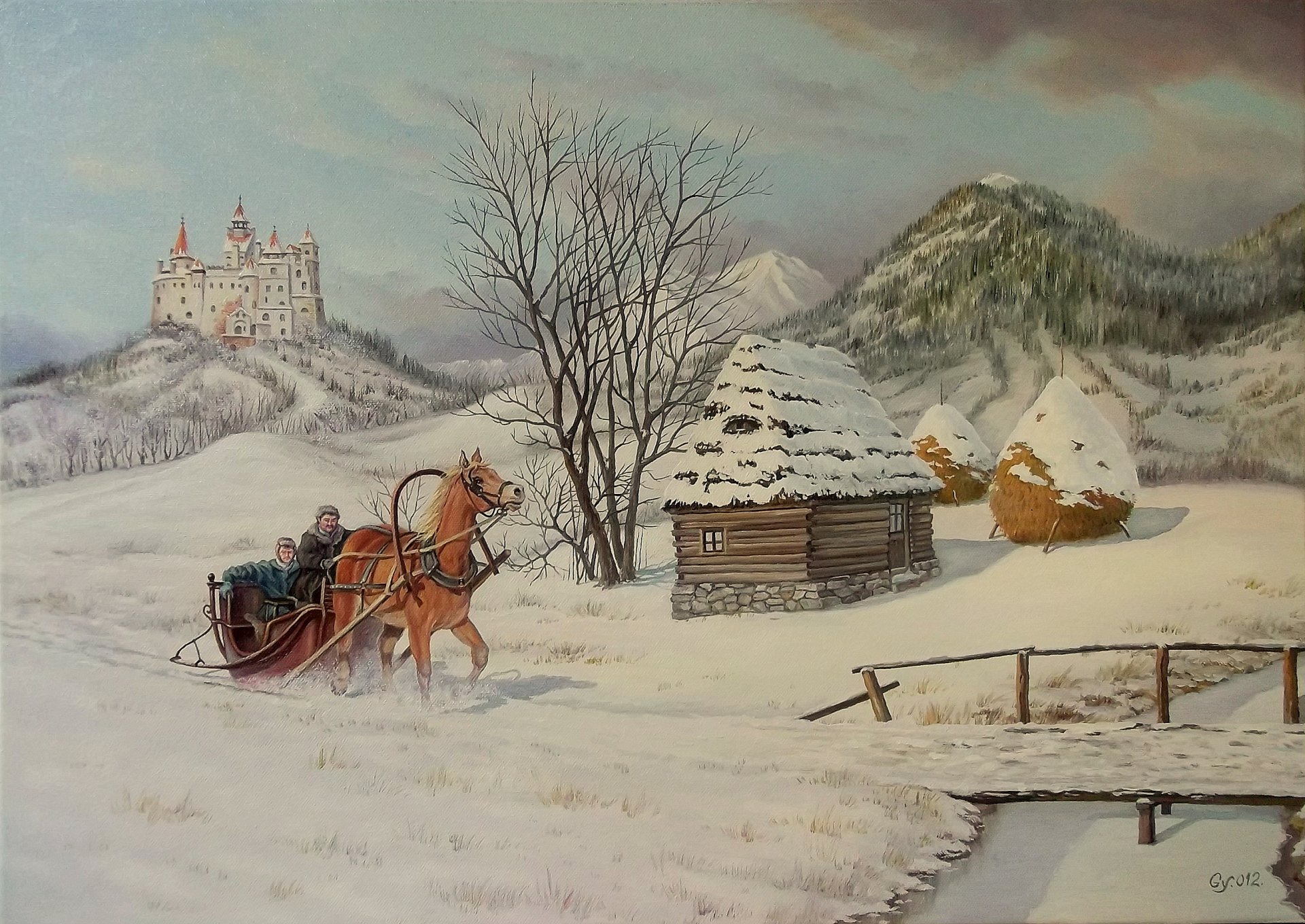 castle house bridge tree horse sledge snow winter