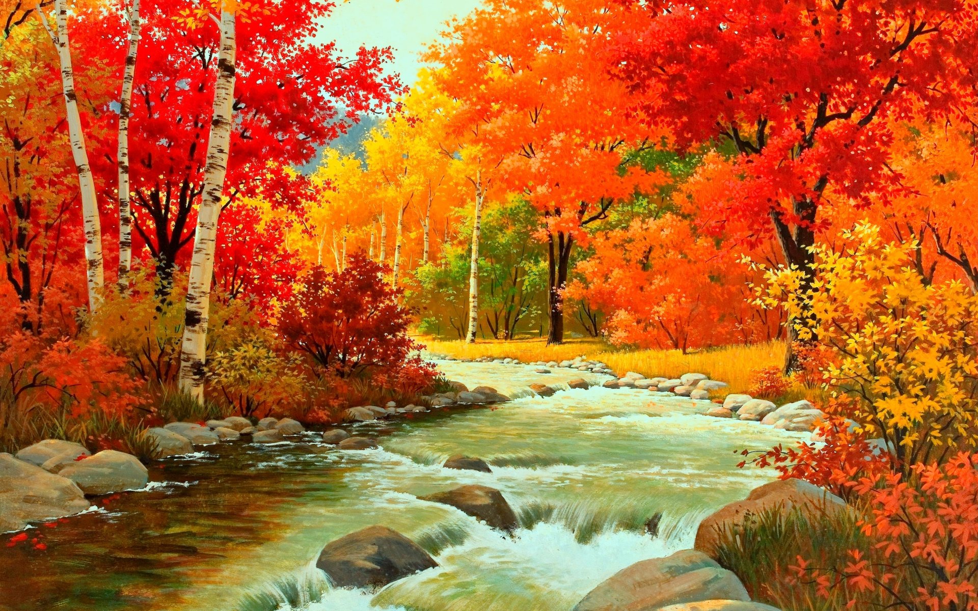 autumn forest foliage river water stones bush